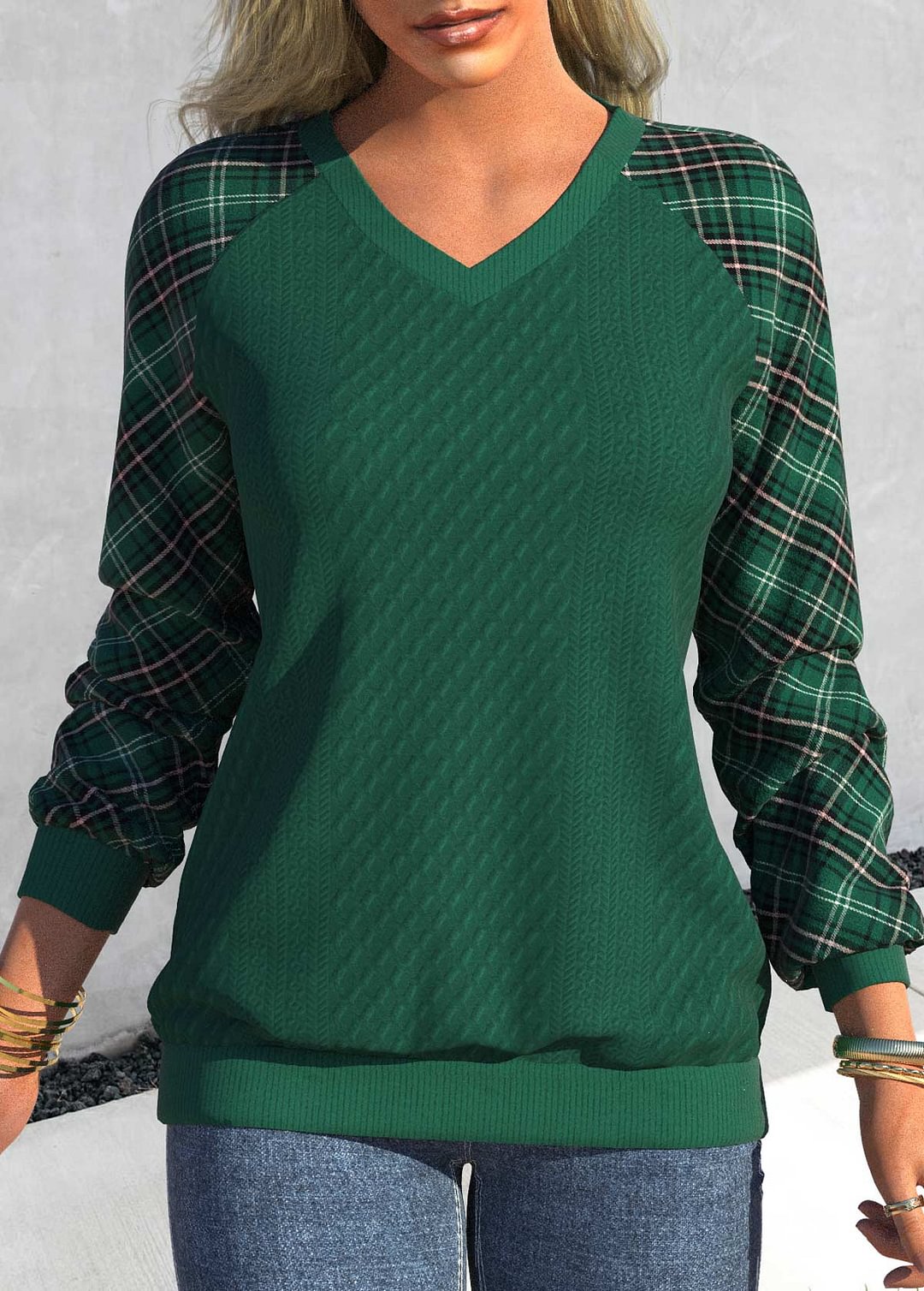 Green Plaid Women's Casual Sweatshirt