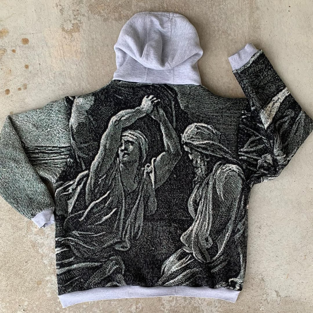 Fashion Retro Renaissance Casual Street Tapestry Knit Hooded Sweater