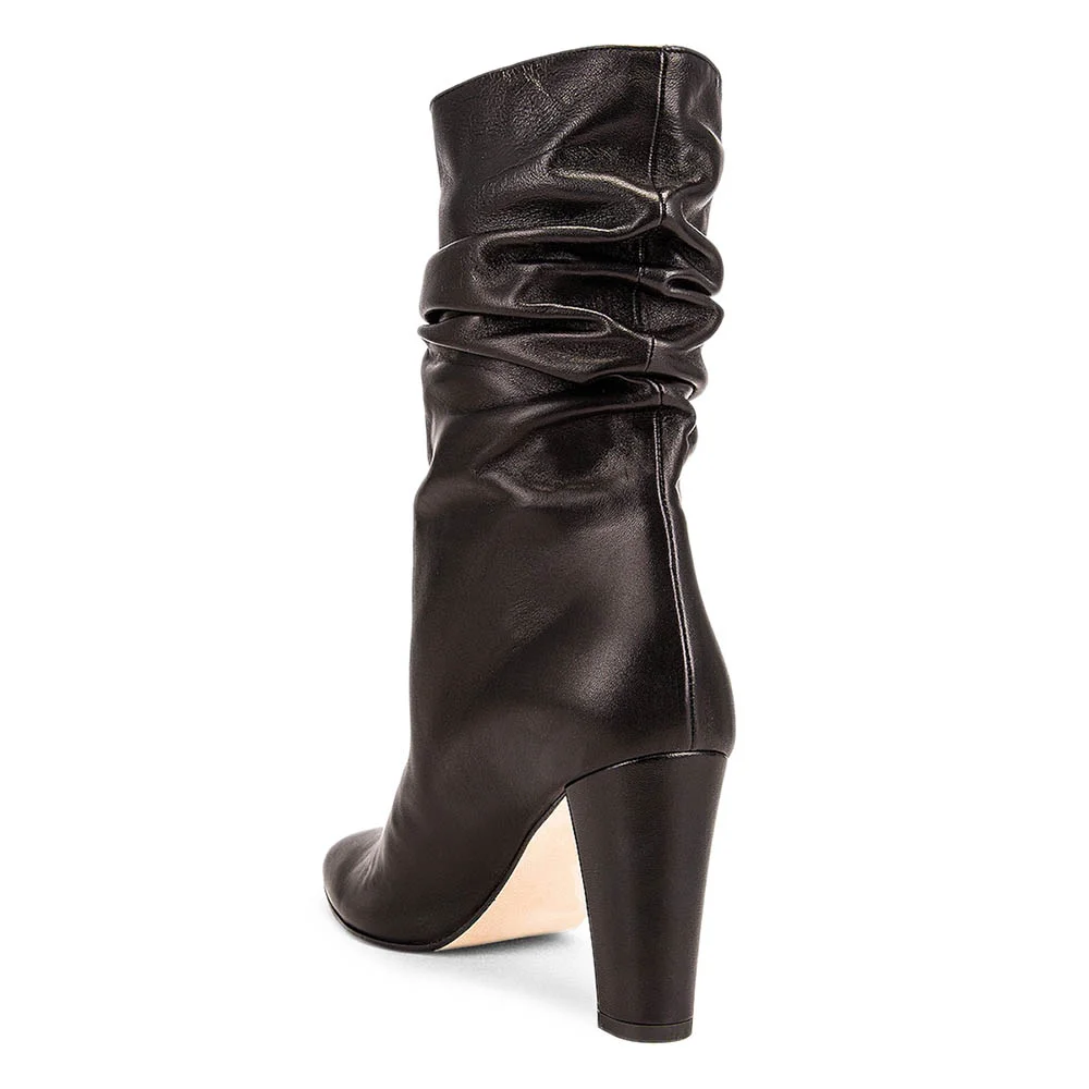 Black Vegan Leather Slouch Mid Calf Boots with Chunky Heels