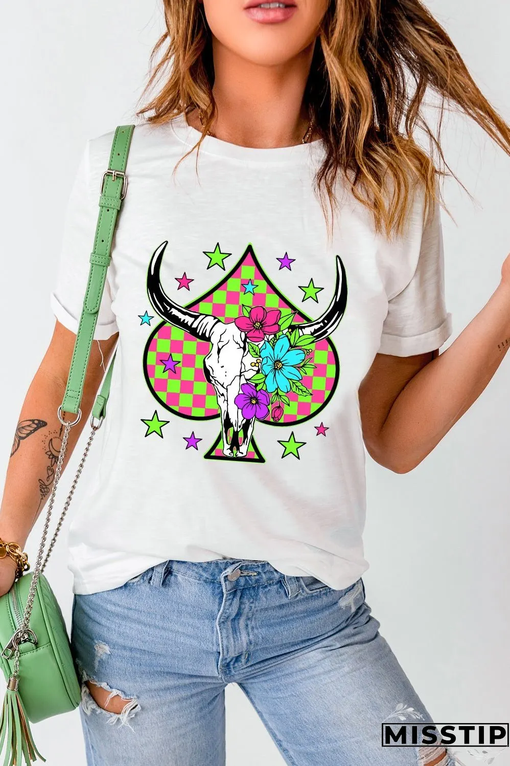 White Checkered Steer Head Spade Print Crew Neck T Shirt