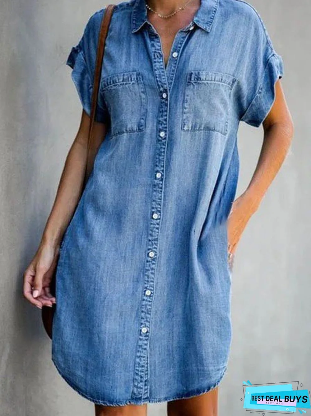 Blue Shirt Collar Plain Short Sleeve Denim Dress