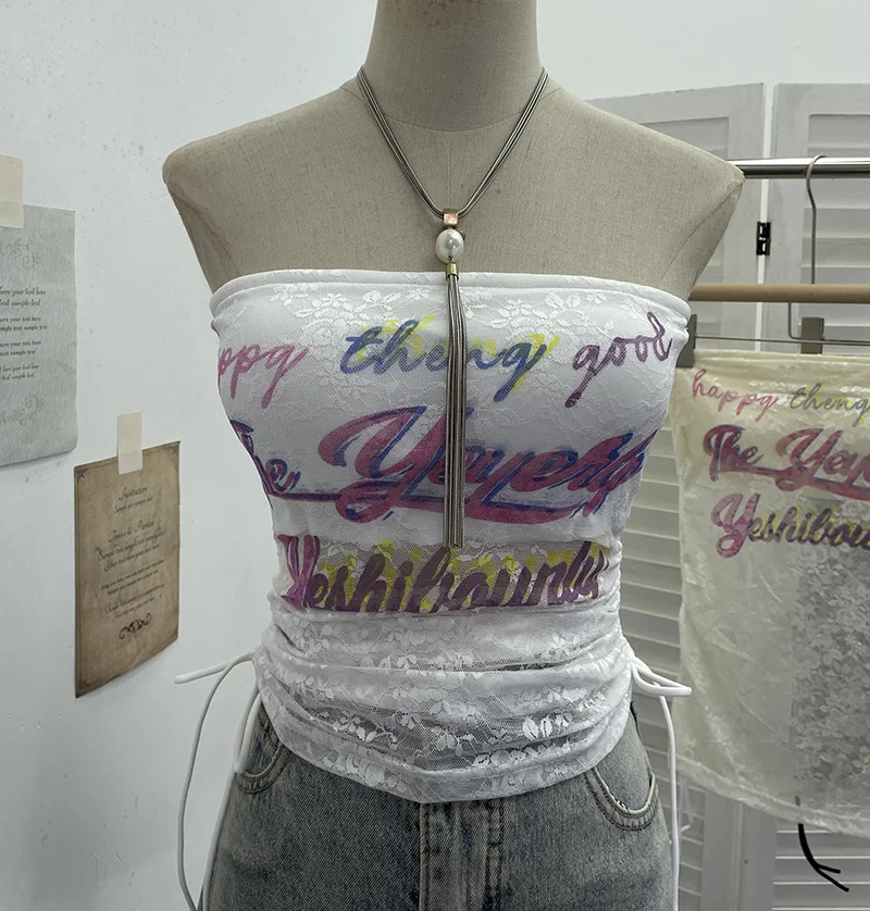 Nigikala Nigikala Shot With Chest Pad Lace Lace Hollow Hottie Breast Drawstring Thin Brat Waistcoat Sleeveless Top 12111