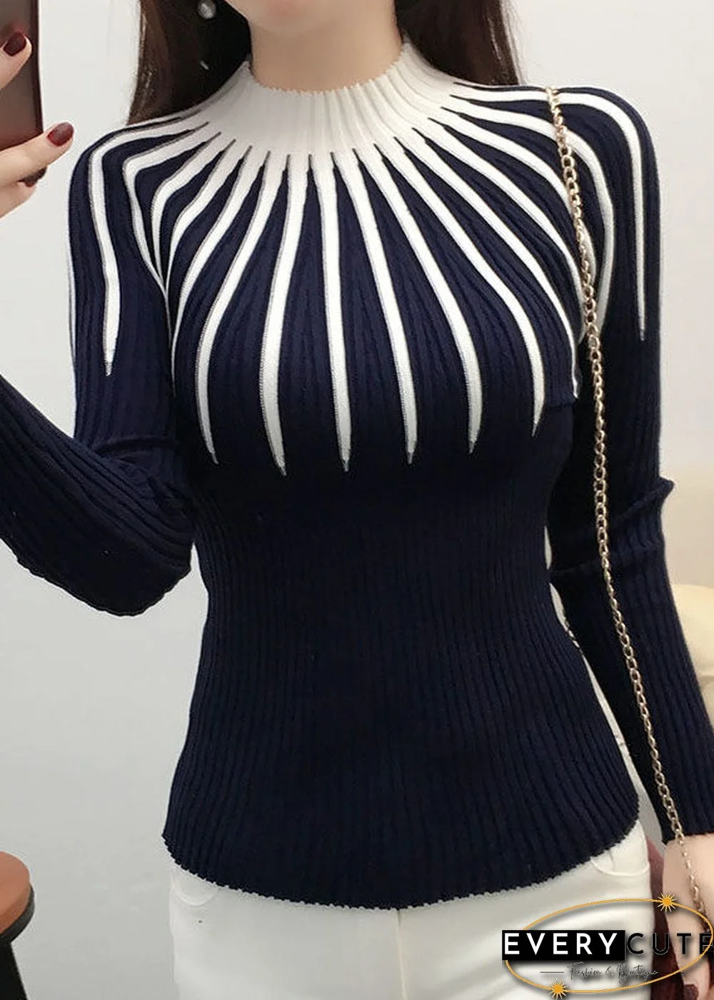 Fashion Green Turtleneck Striped Thick Knit Sweaters Bottoming Shirt