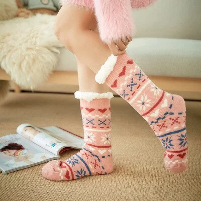 Christmas Short Slippers Socks Women Winter Plush Non-slip Grip Soft Fuzzy Floor Sock Female Fluffy Designer Sock Sleeping Thick