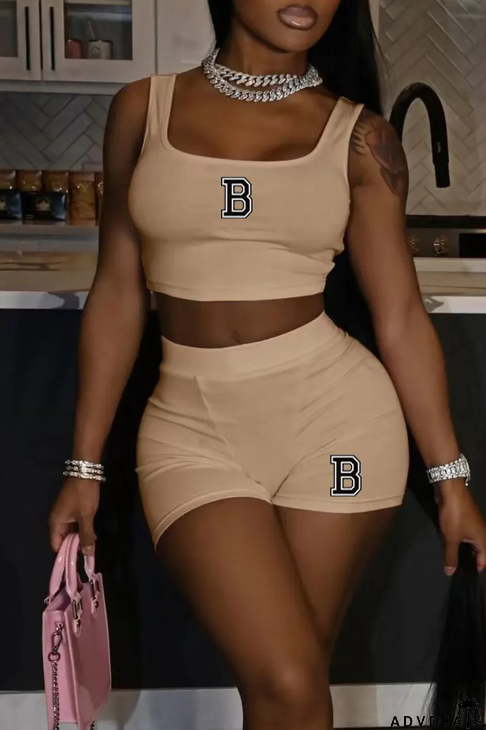 Orange Casual Print Patchwork U Neck Two Pieces