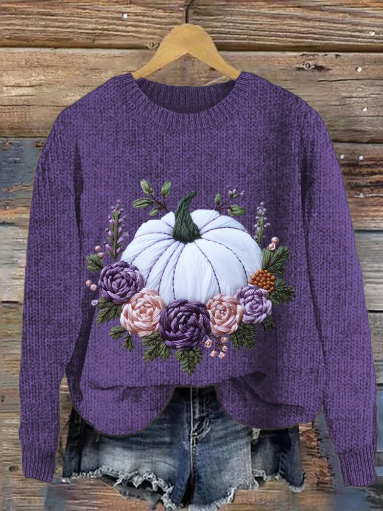Comstylish Pumpkin & Floral Hand Embroidered Women's Cozy Sweater