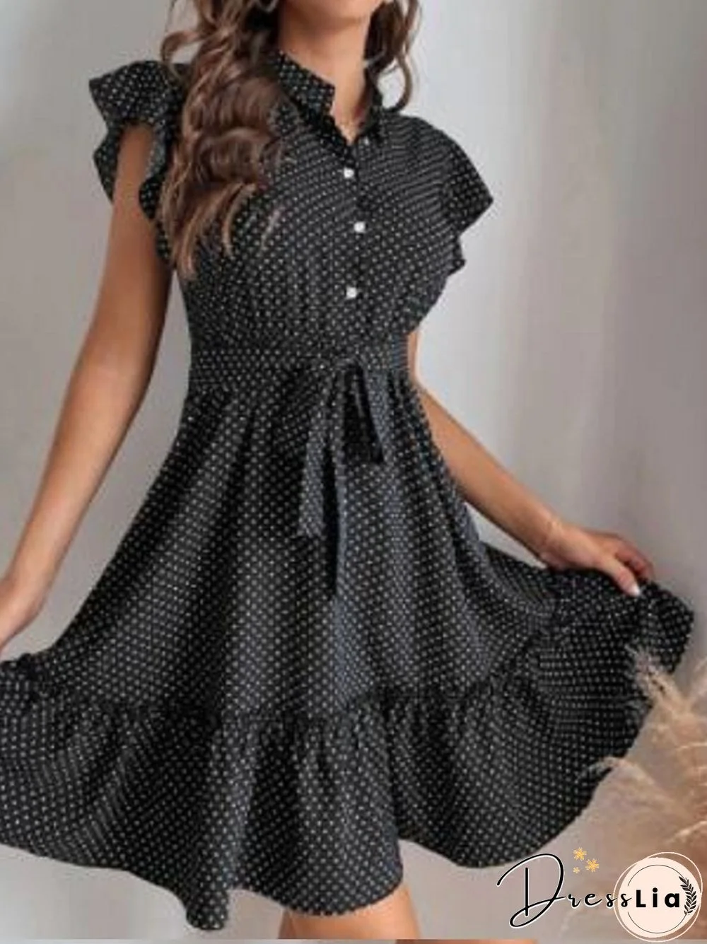 Elegant Chic Dot Short Ruffle Sleeve Dresses Summer Women Dress New Lace-up High Waist Button Stand Collar Big Hem Dress