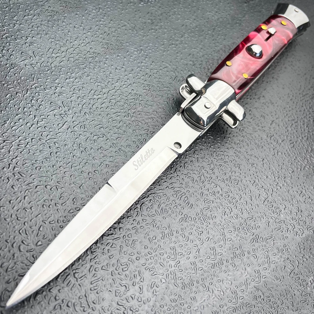 Marble Red Italian Stiletto Switch Blade Pocket Knife