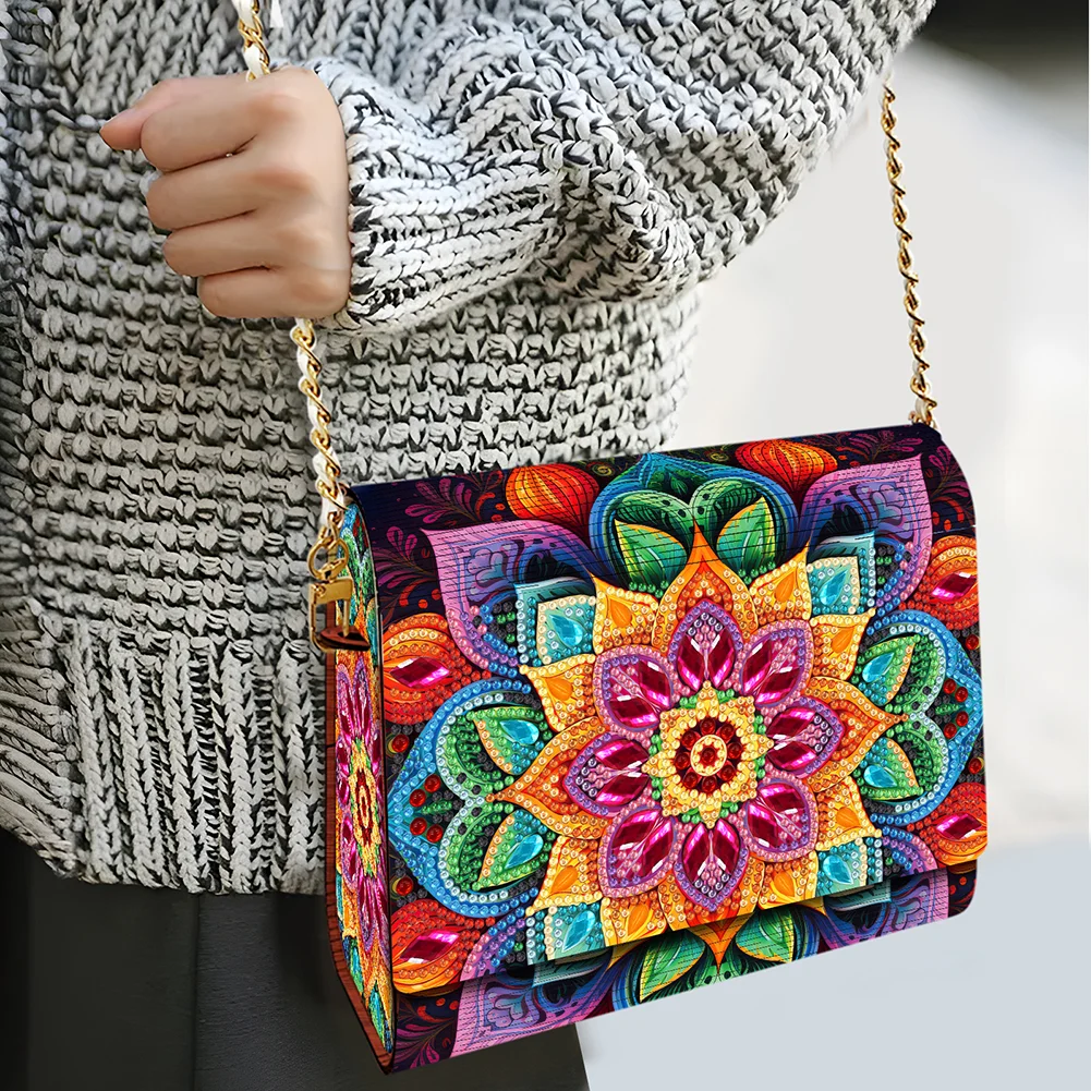 DIY Mandala Diamond Art Wooden Coin Pouch with Chain 5D Diamond Painting Purse