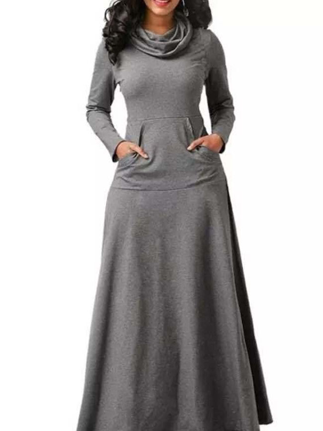 Pure Color Stitching Long Sleeve Evening Dress