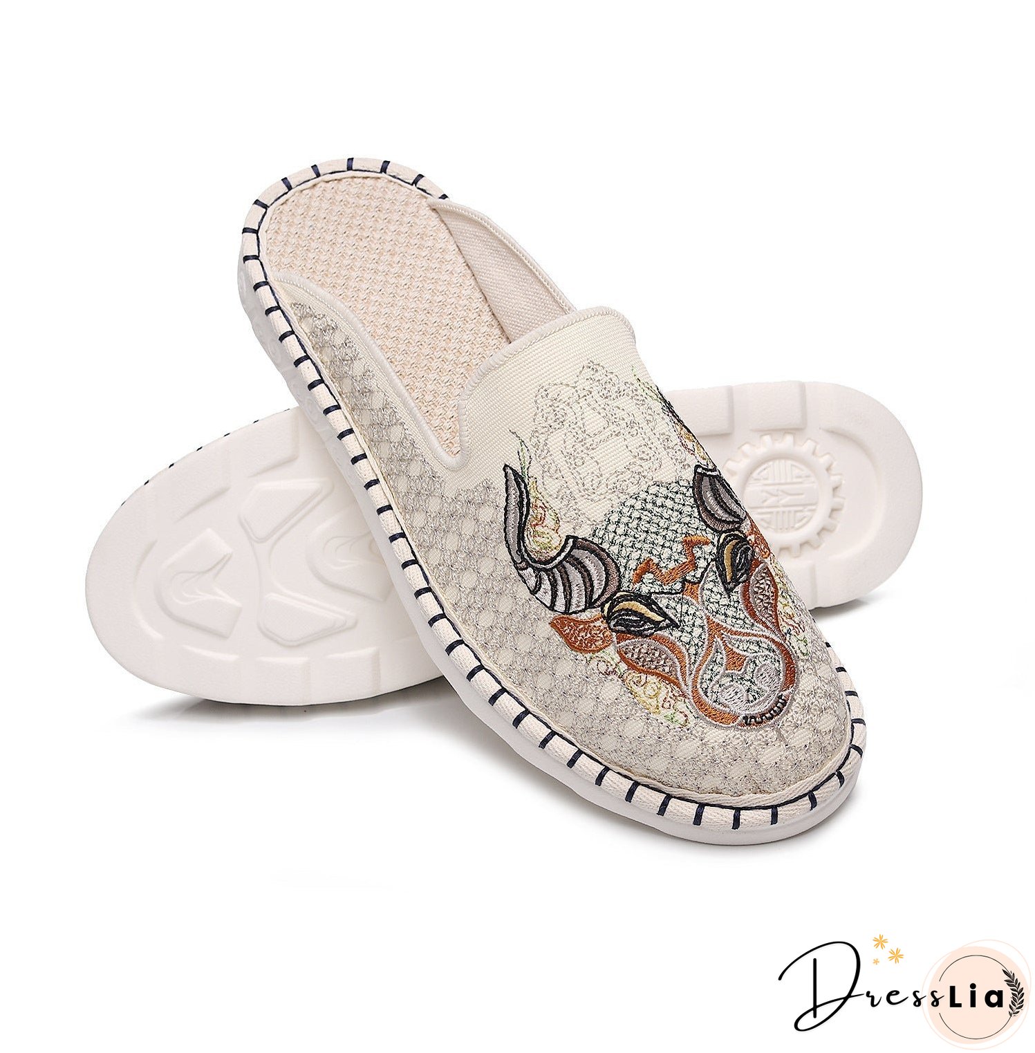 Men's Chinese Style Embroidered Injection Soft Bottom Breathable Flip Flops