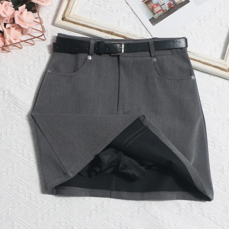 Uveng Real Shooting Gray Short Skirt Women's Summer Leisure High-Waisted Thin A-Body Skirt Anti-Walking Bag Hip Skirt With Belt 8010