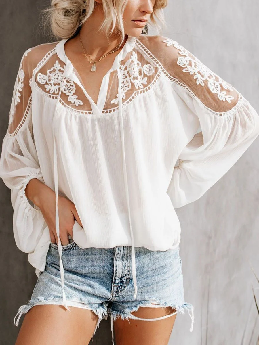 Sexy See-Through Lace Splicing Long Sleeves Solid Color Blouse