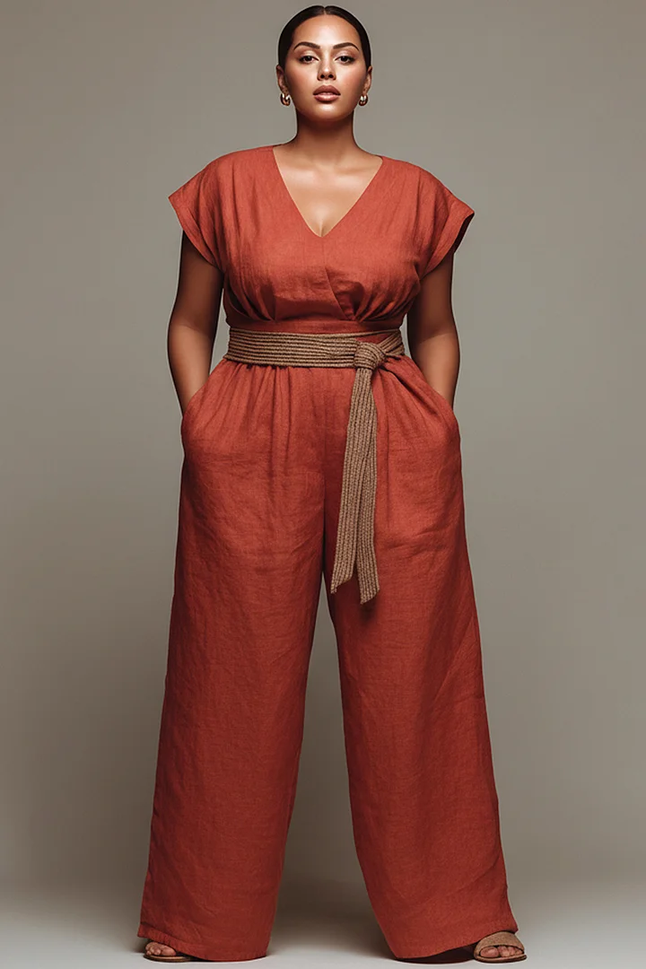 Xpluswear Design Plus Size Vacation Orange V Neck Short Sleeve Pocket Wrap Linen Jumpsuits 2024 - Xpluswear