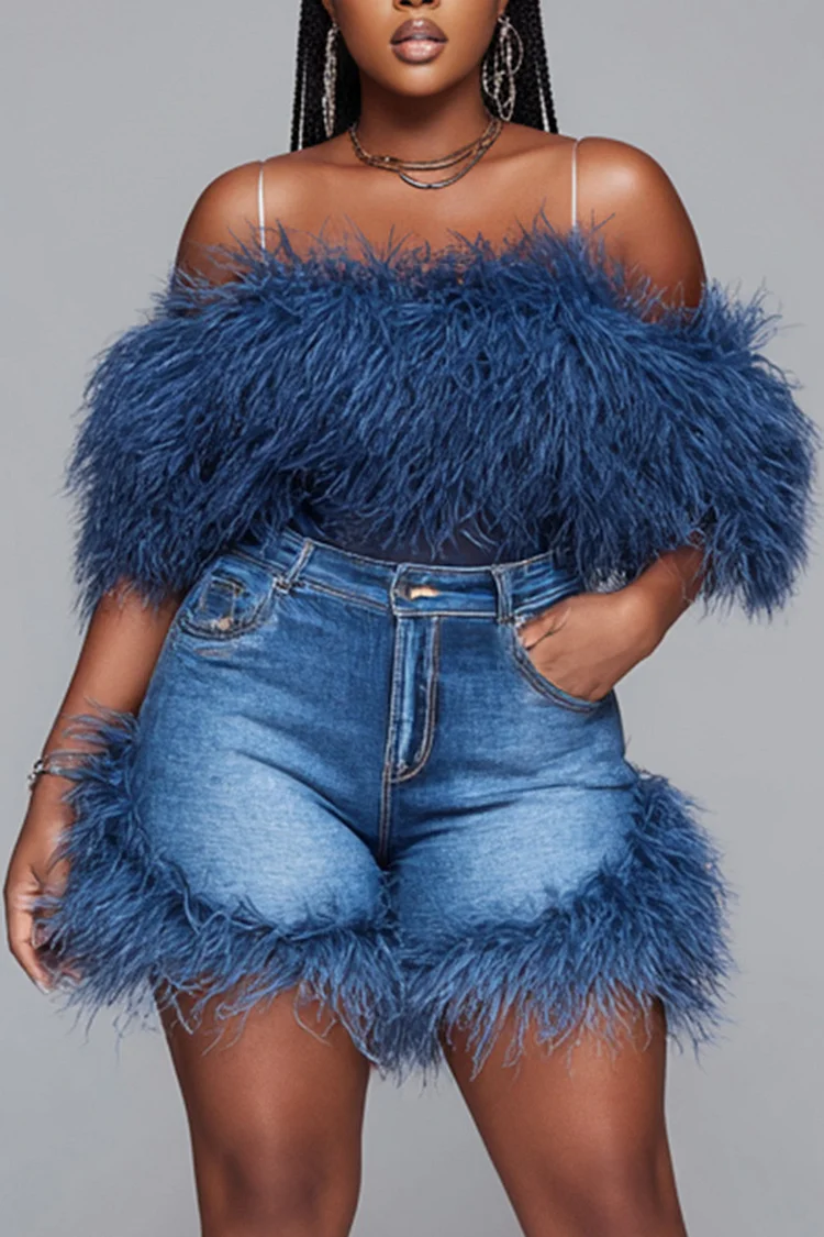 Xpluswear Design Plus Size Party Blue Denim Feather Pocket Shorts [Pre-Order]