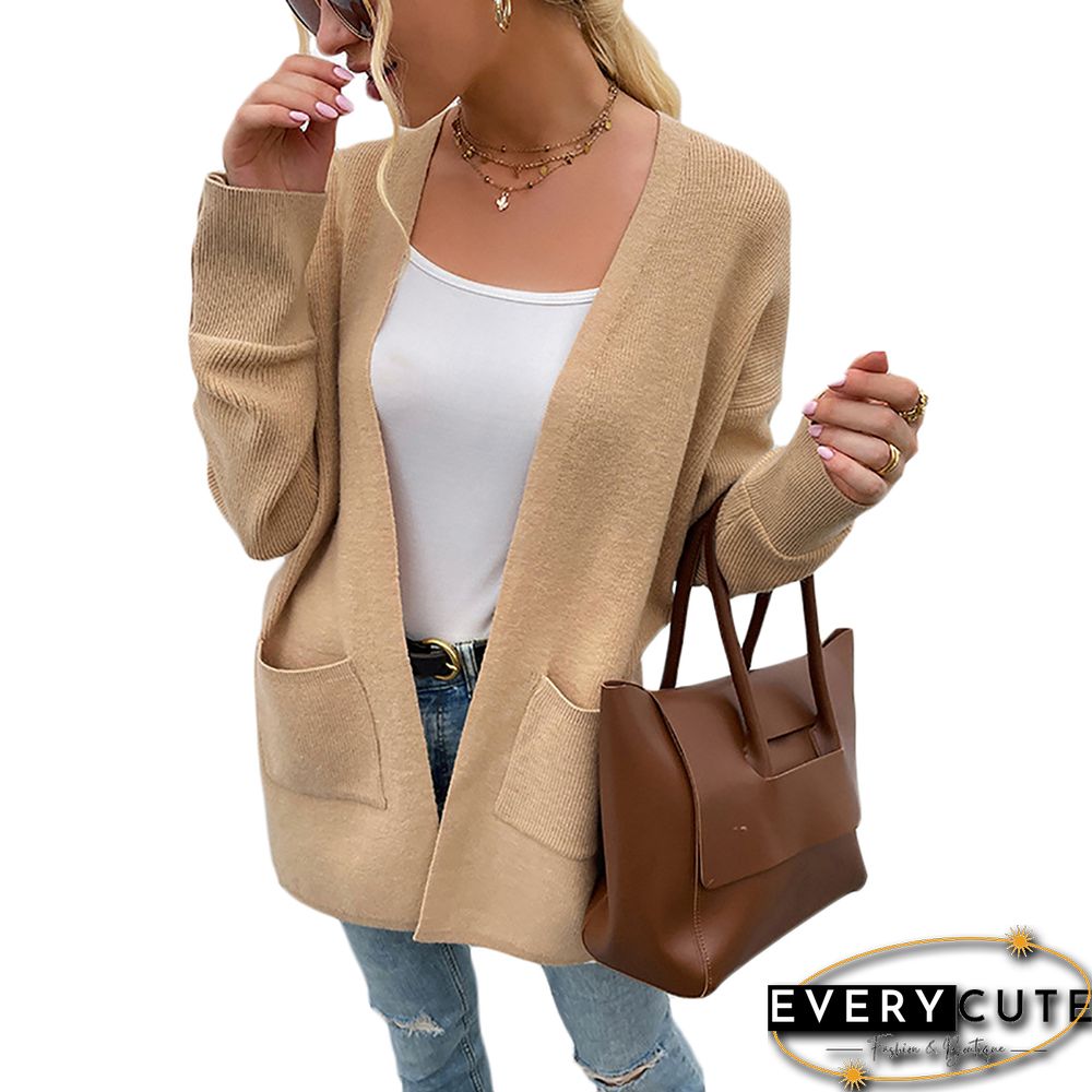 Khaki Button Cuff Knit Pocket Long Cardigan