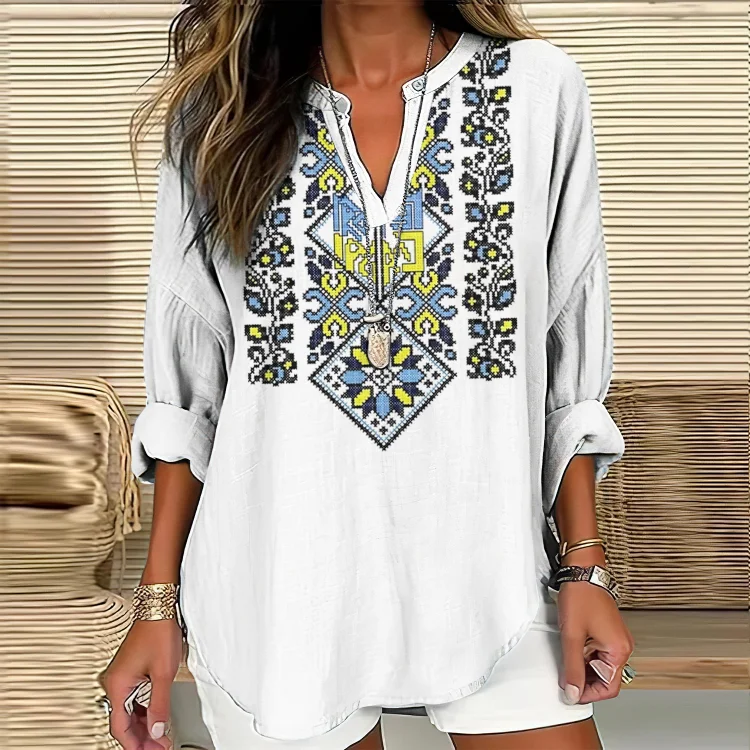 I Hope Peace Forever Ukraine Inspired Pattern Linen Blend Cozy Tunic