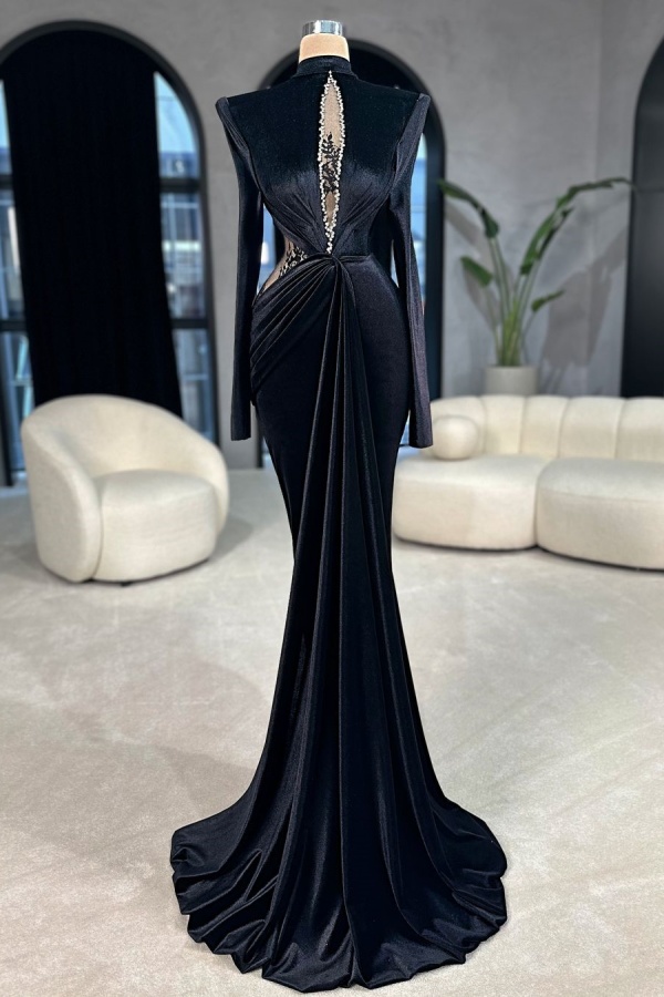  Black Velvet Beads Prom Dress Mermaid Long Sleeves with lace Appliques QL0027