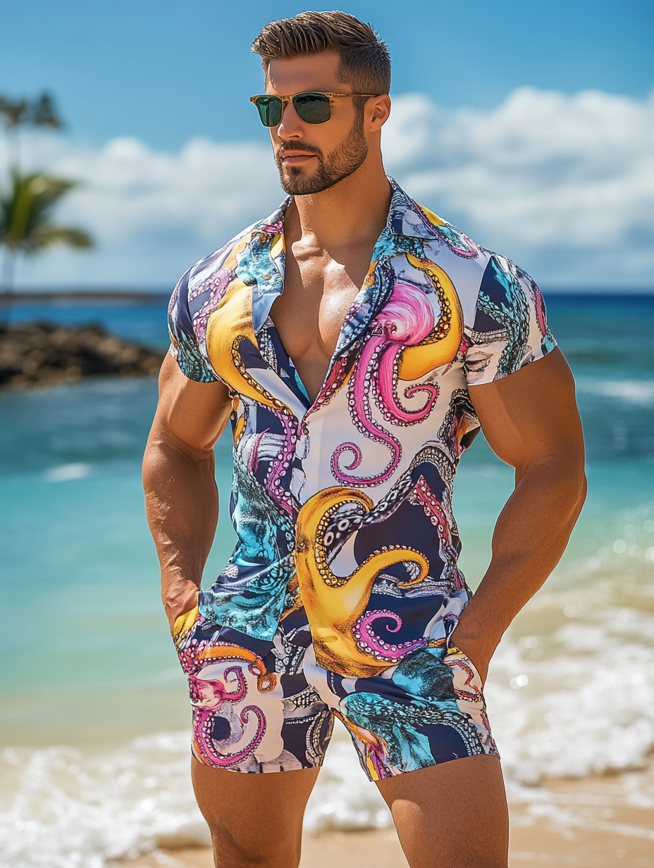 Free Squid by the Sea Hawaiian Print Shirt Set