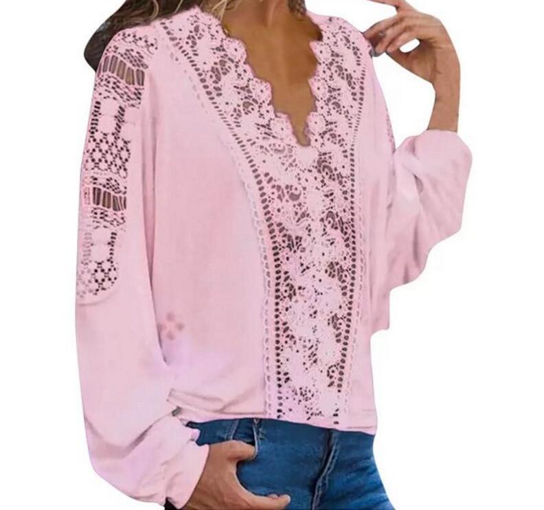 Loose Lace Fashion Sexy V-neck Long Sleeve Women Shirts