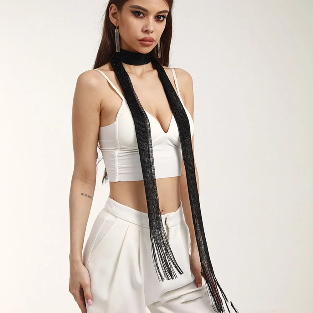 Women's Vintage Y2k Shiny Sequins Bright Silk Shawl Lace Tassel Necklace Scarf Party Evening Decoration