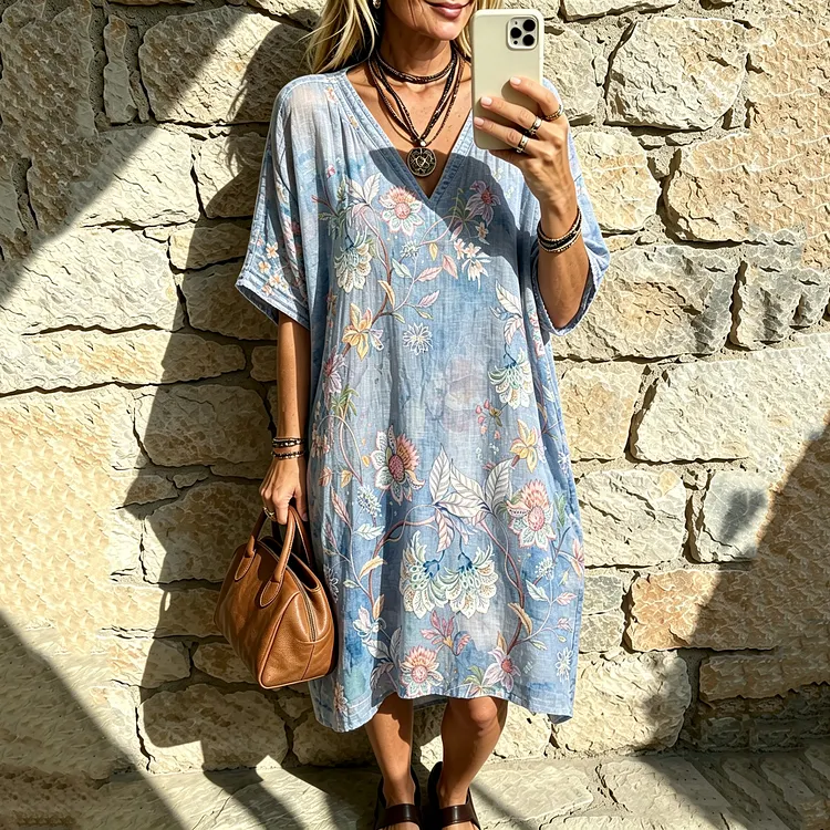 Women's Vintage Floral Art Embroidered Linen Blend V Neck Mini Dress