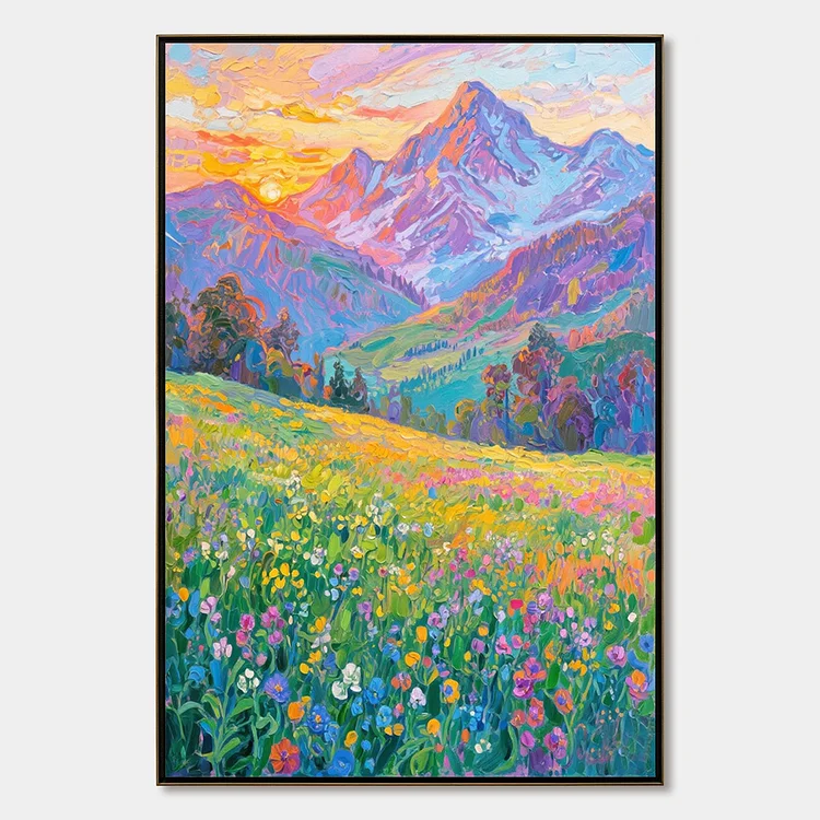 ALPINE BLOOM: Impasto Colorful Mountain Landscape Painting（Canvas painting）