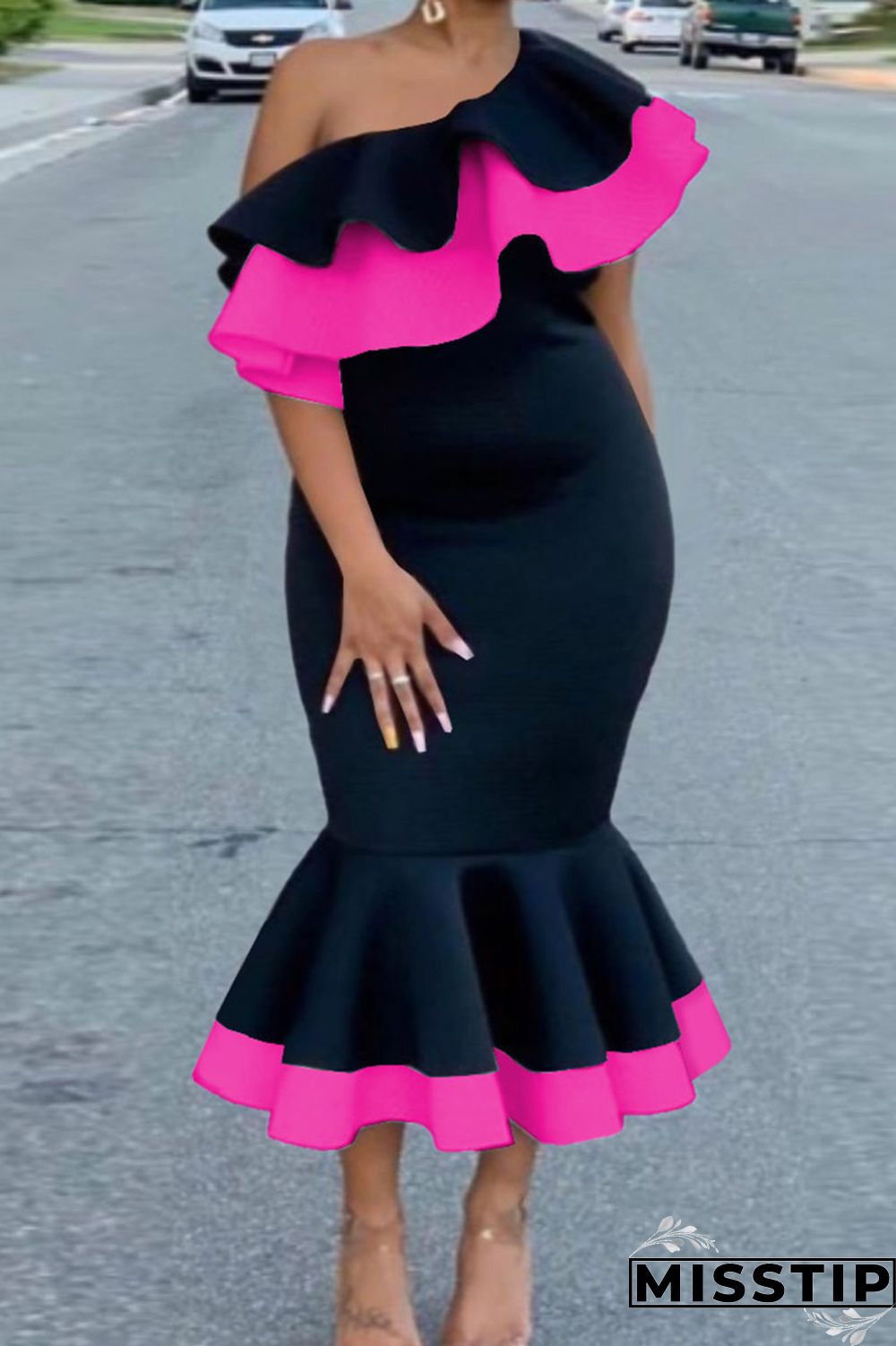 Rose Red Elegant Solid Patchwork Flounce Oblique Collar Trumpet Mermaid Dresses