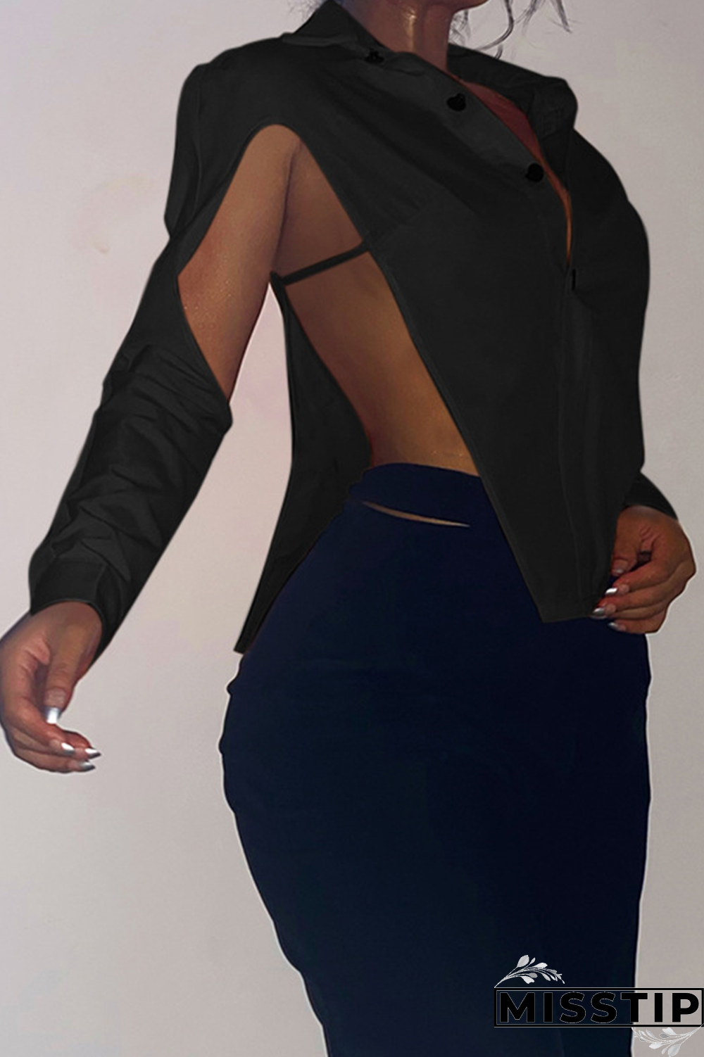 Grey Sexy Solid Hollowed Out Turndown Collar Tops
