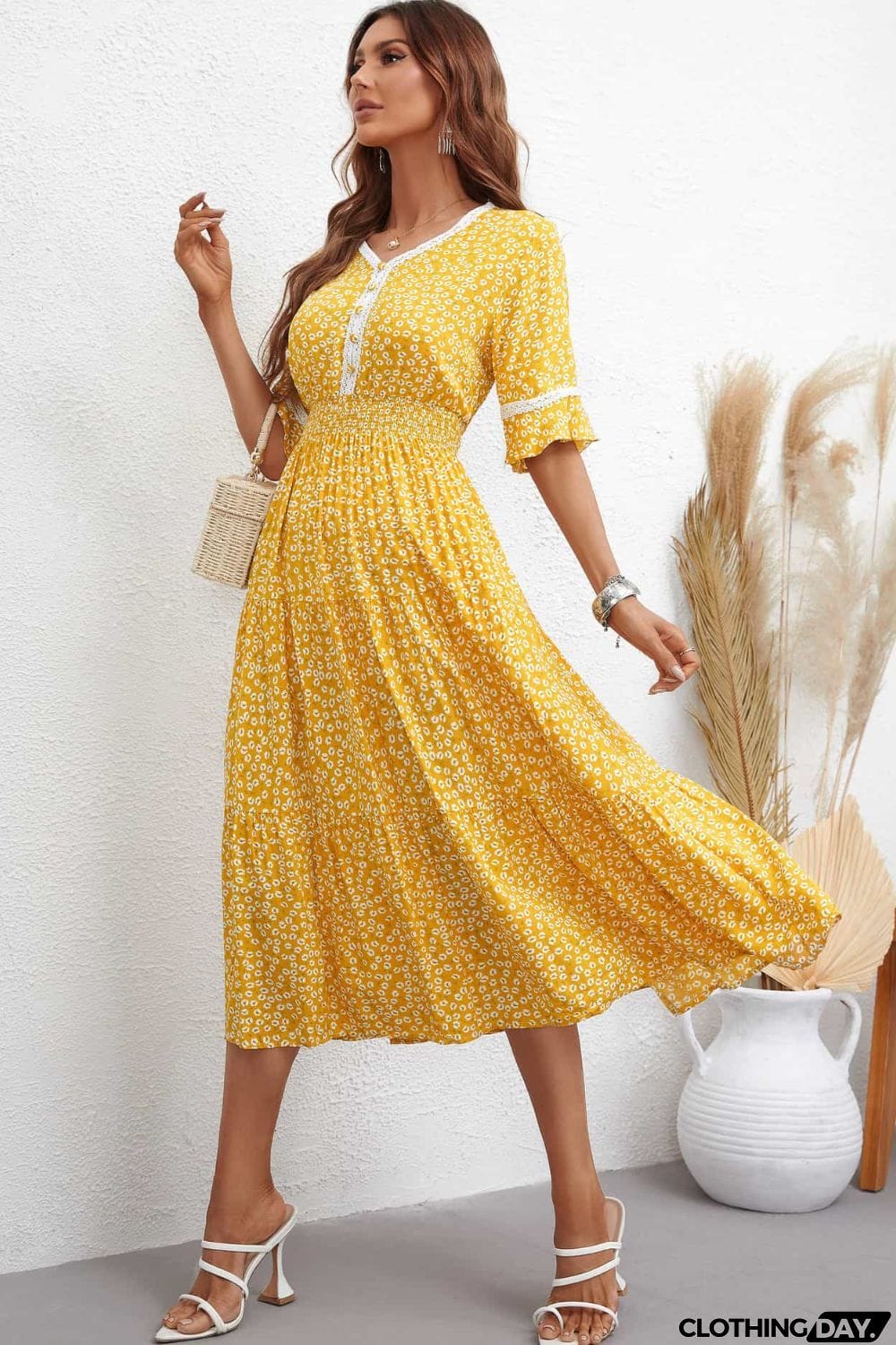Floral V-Neck Smocked Waist Midi Dress