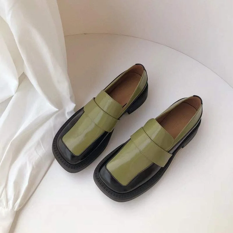 Green & Black Patent Leather Closed Square Toe Platform Loafers With Low Chunky Heels Nicepairs