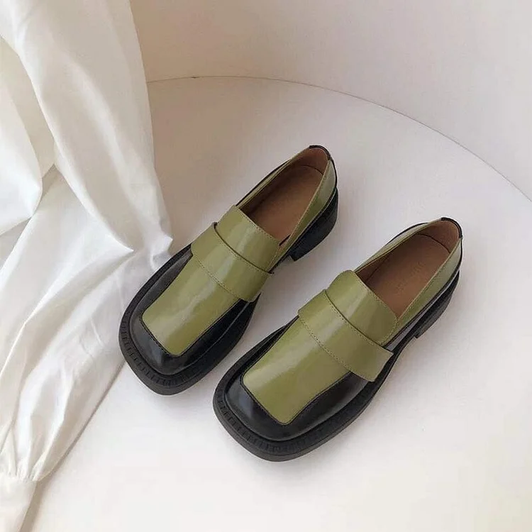 Green & Black Patent Leather Closed Square Toe Chunky Heel Platform Loafers Vdcoo