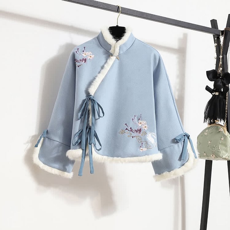 Vintage Floral Embroidery Lace Up Coat A-line Dress Two Pieces Set - Modakawa Modakawa