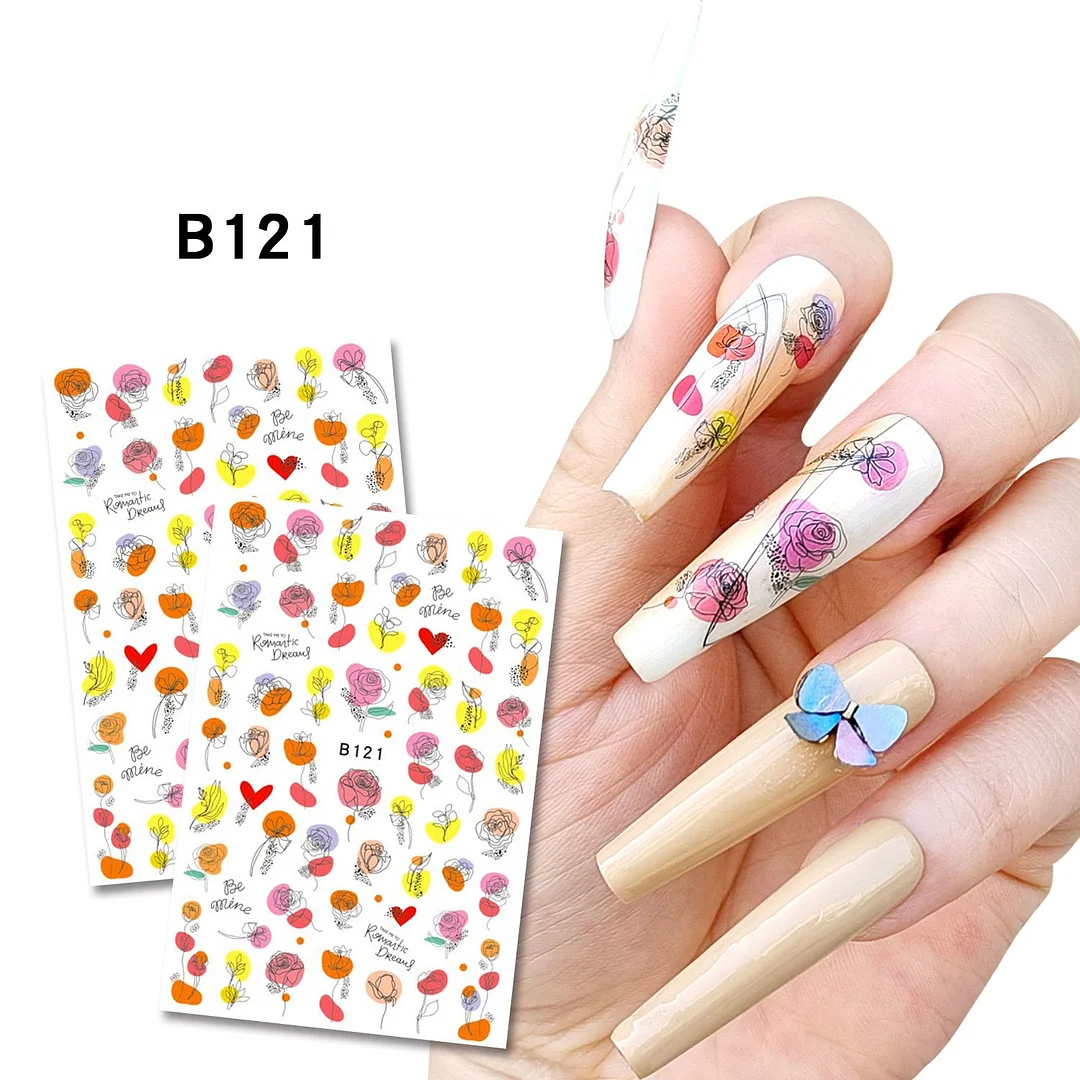 Purple Red Pink Rose Flower 3D Nail Sticker Leaves Love Heart Self-Adhesive Slider Art Decorations Decals Manicure Accessories-Nail Inspo