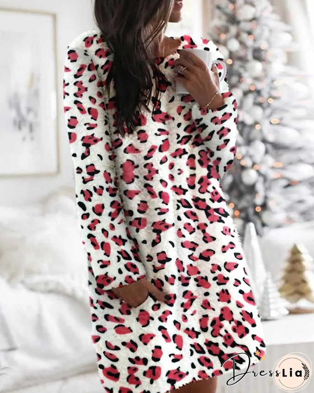 Long Sleeves Shift Above Knee Casual Tie Dye/Camo Print Pocket Plush Dresses(7 Colors)