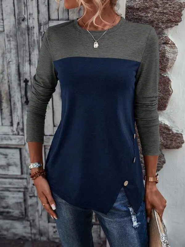 Navy Color Block Long Sleeve Top