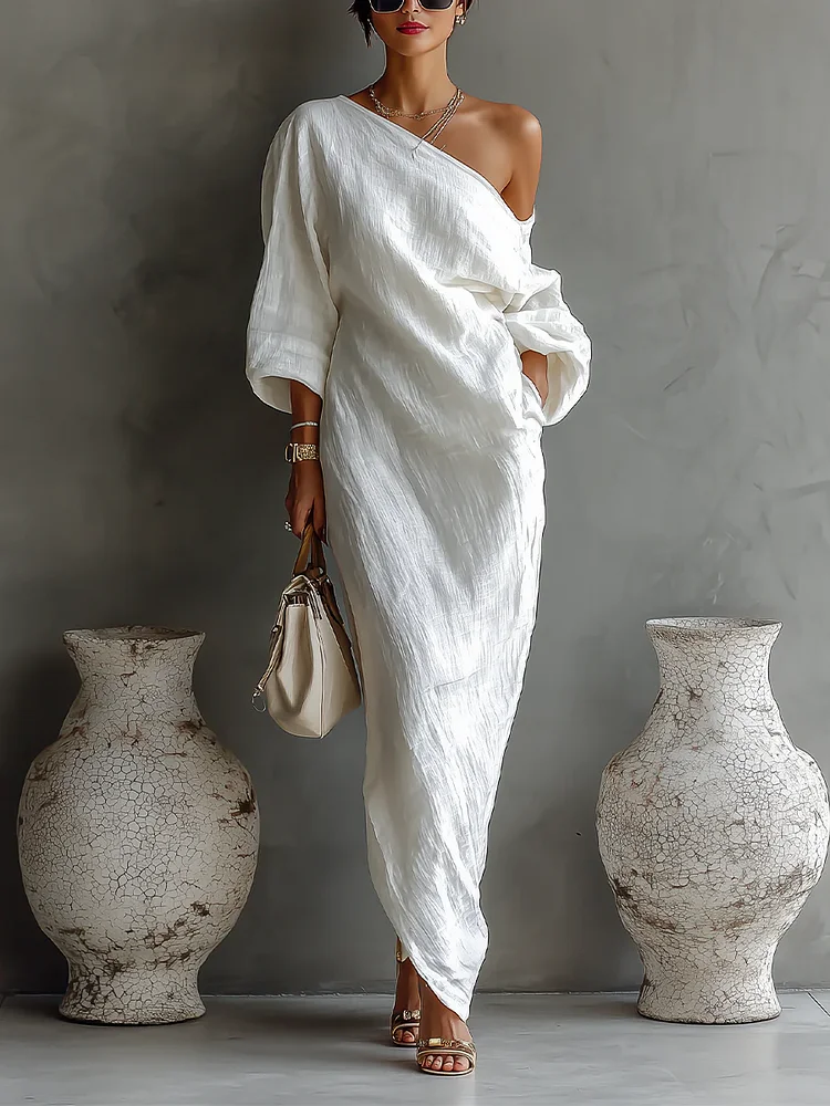 White One-shoulder Flowing Elegant Maxi Dress（No pockets）