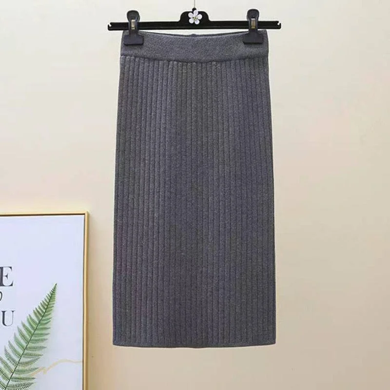 Zoki Winter Women Sweater Skirt New 2021 Knitted Midi Skirts Korean Elastic High Waist Elegant Autumn Split Fork Black Faldas