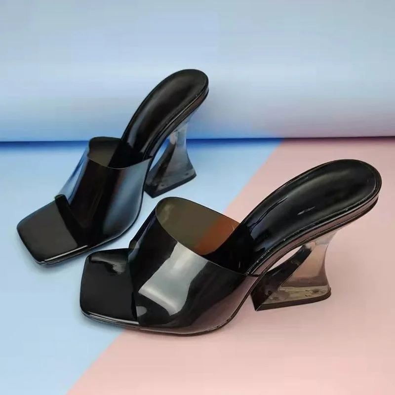 2022 New Clear Slippers Women Heels Sexy Square Toe High Heeled Shoes Fashion Green PVC Transparent Jelly Sandals Size 35-42