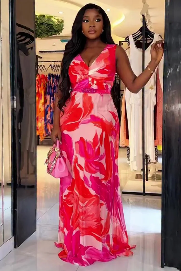 V Neck Sleeveless Floral Print Vacation Maxi Dresses-Fuchsia [Pre Order]