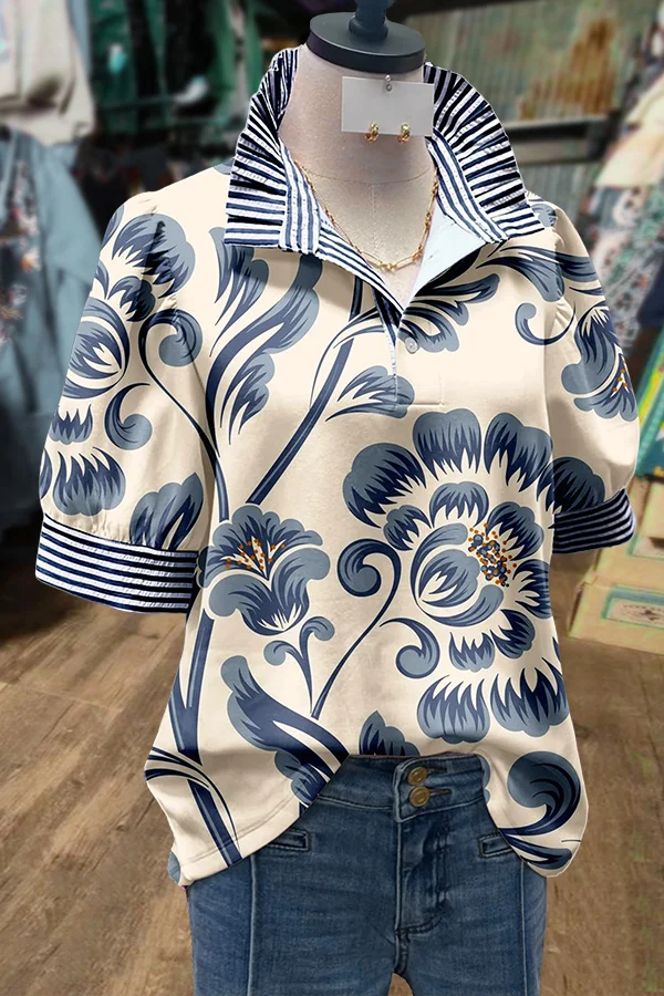 Vintage Floral Print Short Puff Sleeve Top