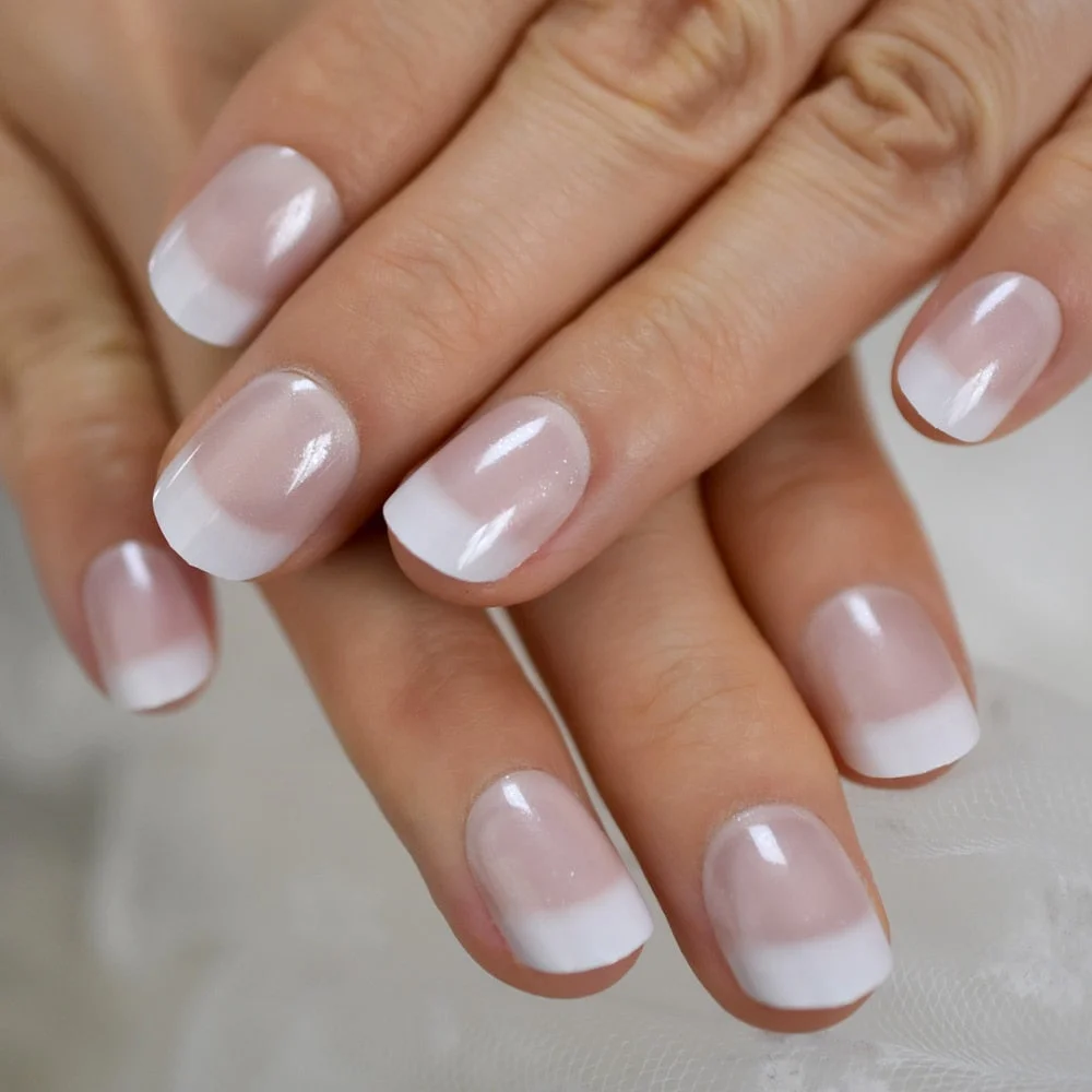 Salon Acrylic French Nails Short Length Ombre Round French Tips Glitter Pattern White Thin False Nail 24 Ct 515-1