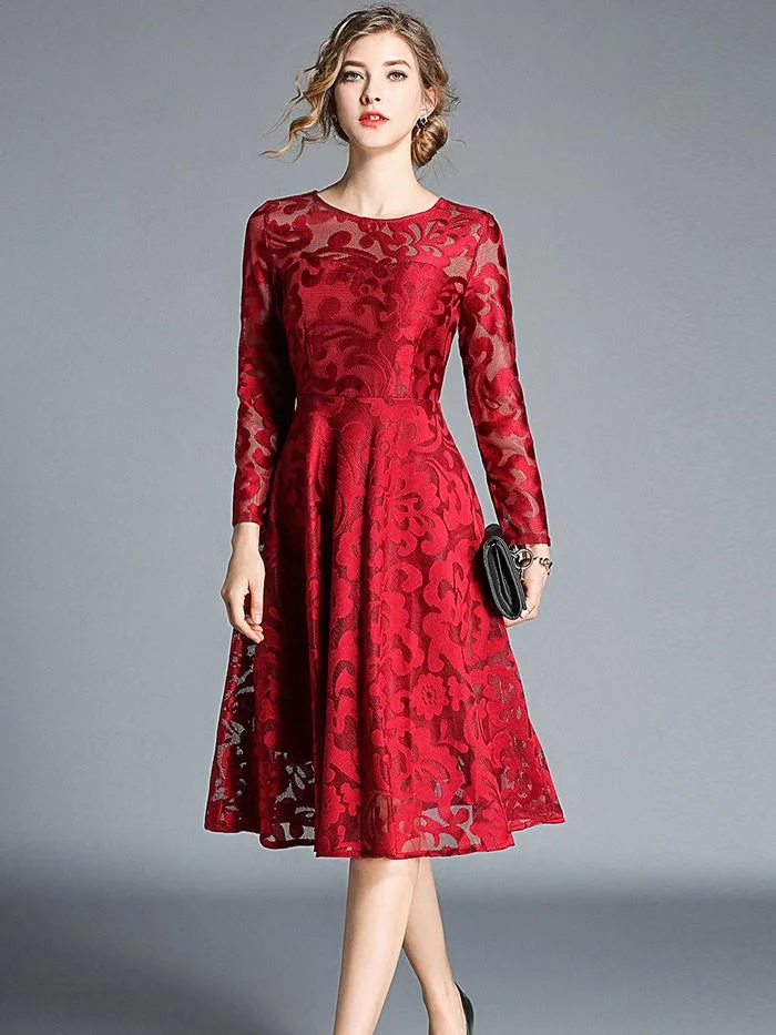 Temperament mid-length lace big swing long-sleeved dress
