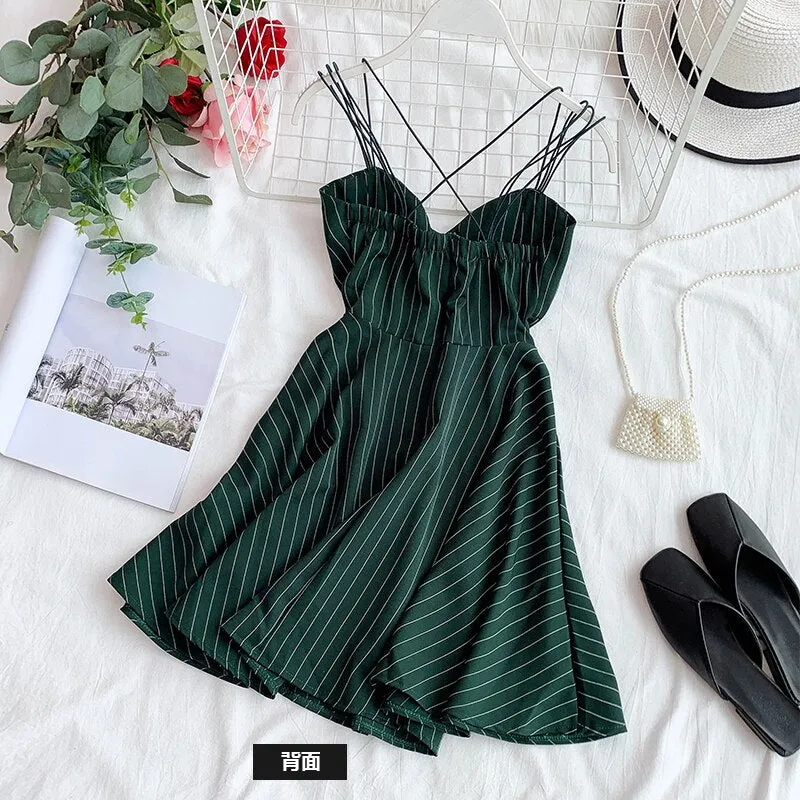 FTLZZ 2020 New Women Sexy V-neck Backless Spaghetti Strap Dress Summer Striped Slim A-line Ladies Sandy Beach Clothes