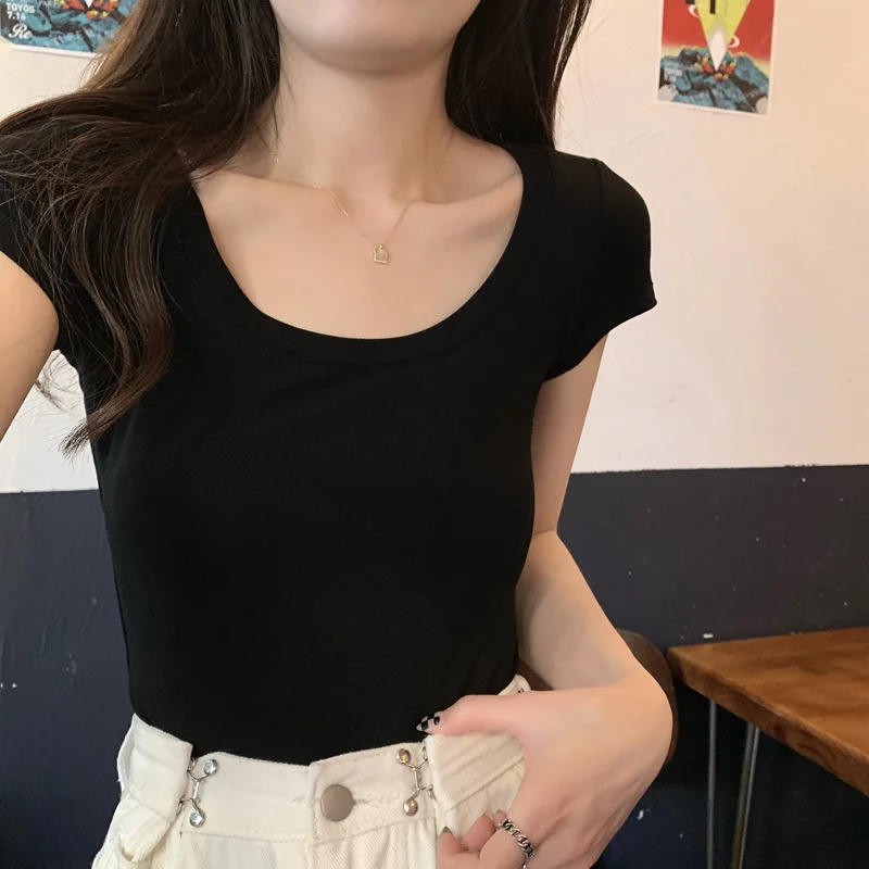 Uveng Uveng Color Casual Versatile Short-Sleeved T-Shirt Women With A Bottom Shirt 2024 Summer Slim U-Collar Student Jacket Ins Tide
