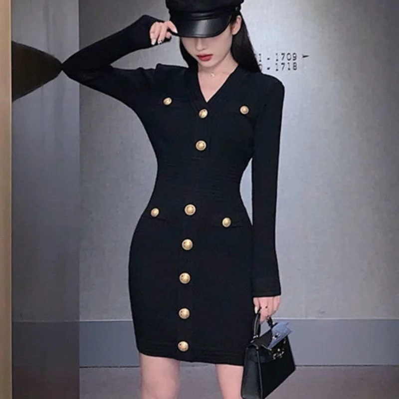 French Small Fragrance Knitted Sweater Dresses For Women Long Sleeve Sheah Bodycon Robe Femme Autumn Winter Vintage Mini Dress