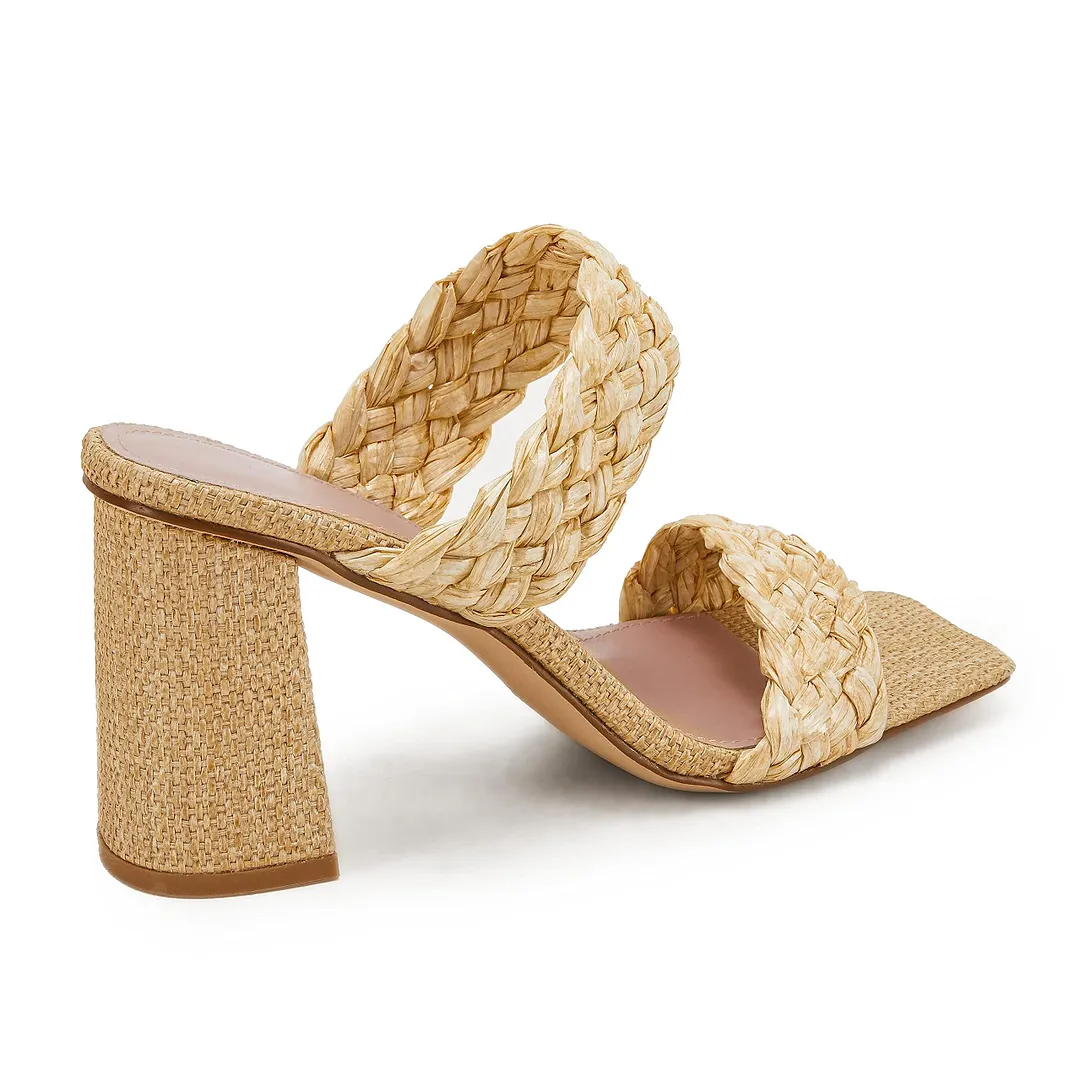 Women's Backless Square Open Toe Block Strappy Braided Heeled Sandals Yellow-vocosishoes
