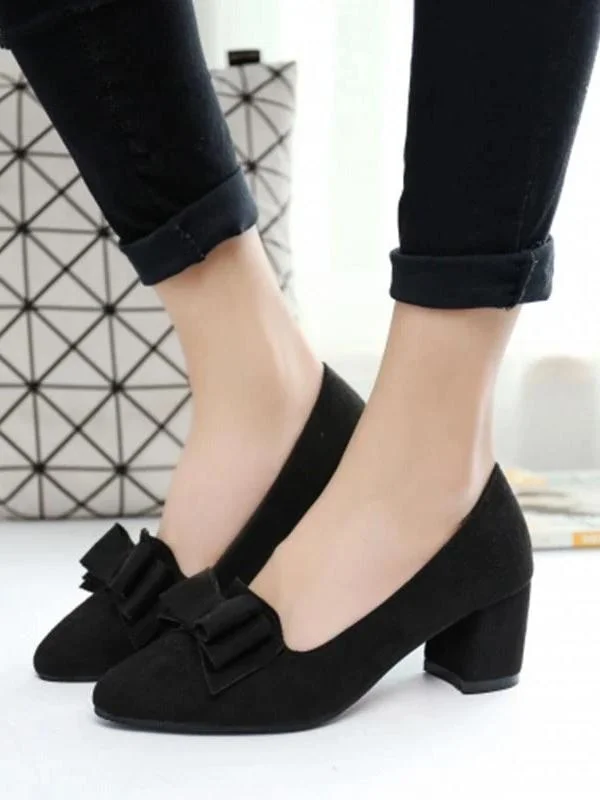 Woman Bowknot Suede Women Chunky Heel Pointed Toe Pumps