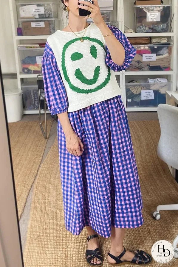 Always Happy Face Knit Unique Pattern Versatile Loose Tank Top