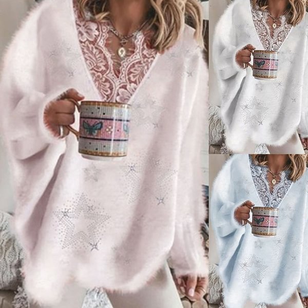 New Autumn and Winter Knitted Women's Solid Color Lace Sweater V-neck Pullover Long Sleeve Tops - Shop Trendy Women's Fashion | TeeYours